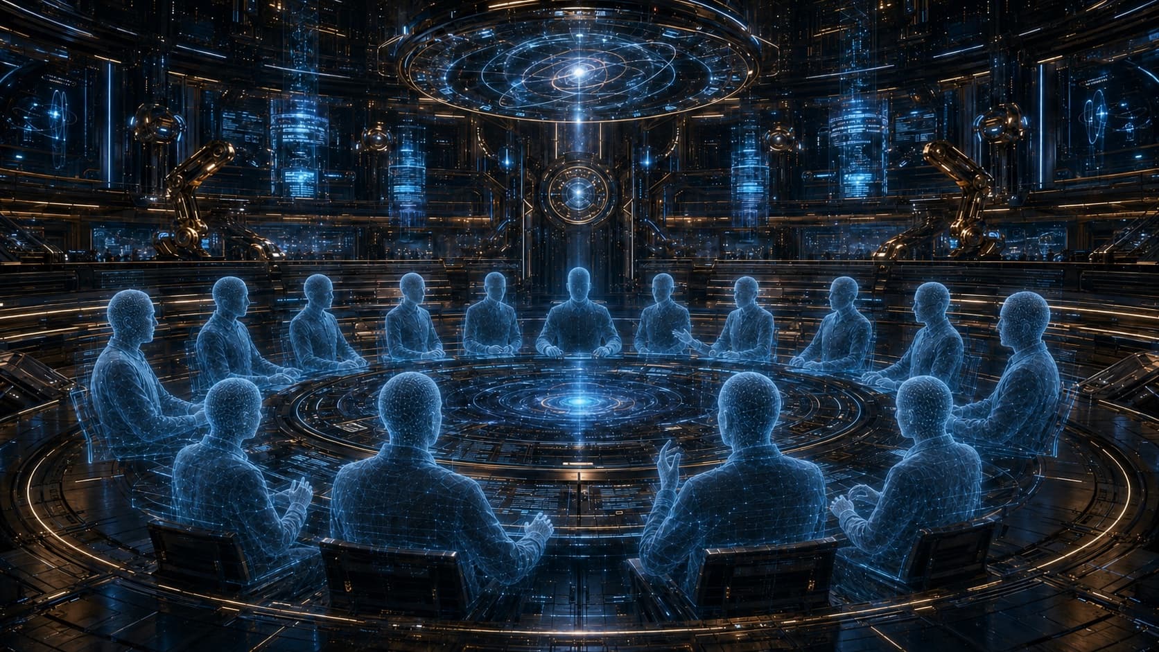 An anonymous holographic council gathered around a circular decision table