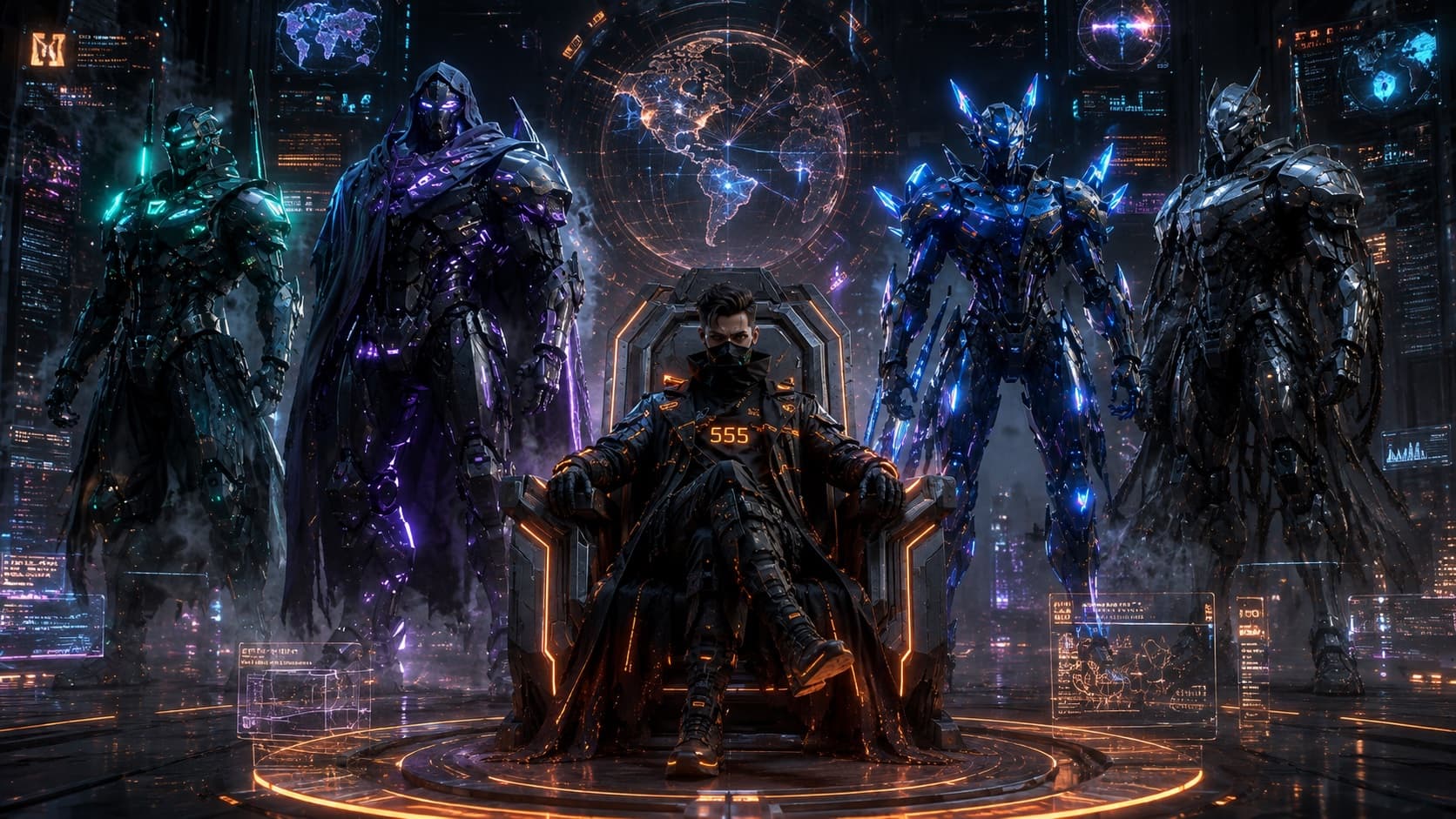 An anonymous operator at the center of four coordinated specialist machines